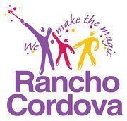 Rancho Cordova logo with three stylized figures reaching for a wand, text