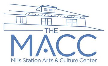 Logo for the Mills Station Arts & Culture Center (MACC): Blue building outline over text