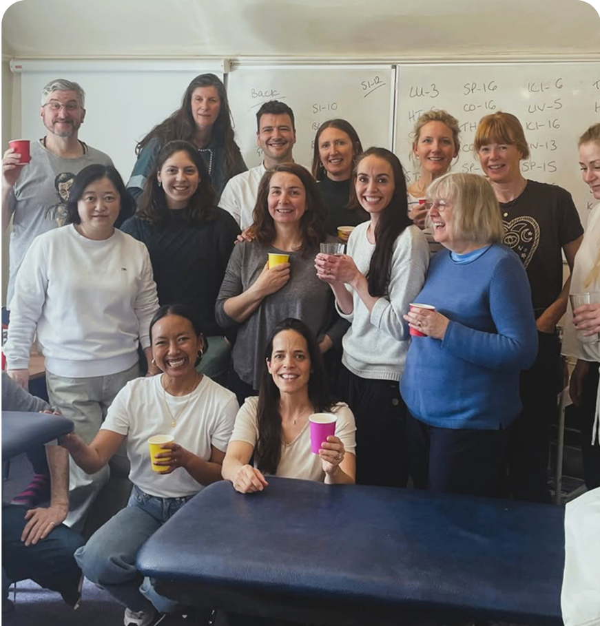 An image of a points class, with around 14 people, stood celebrating completing learning all of the acupuncture points.