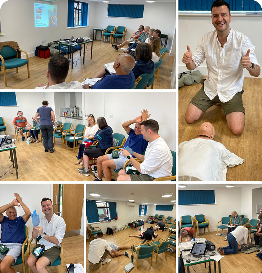 Various pictures of a First Aid training session which primarilu has Josh as the focus of the images.
