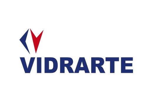 O logotipo da vidrararte é azul e vermelho com uma seta vermelha.