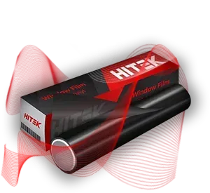 Black roll of HITEK window film next to a box with the logo and product information.