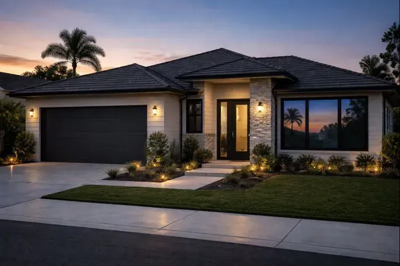 Brick house exterior with a black roof and white-framed windows, shrubbery, and a wall clock.