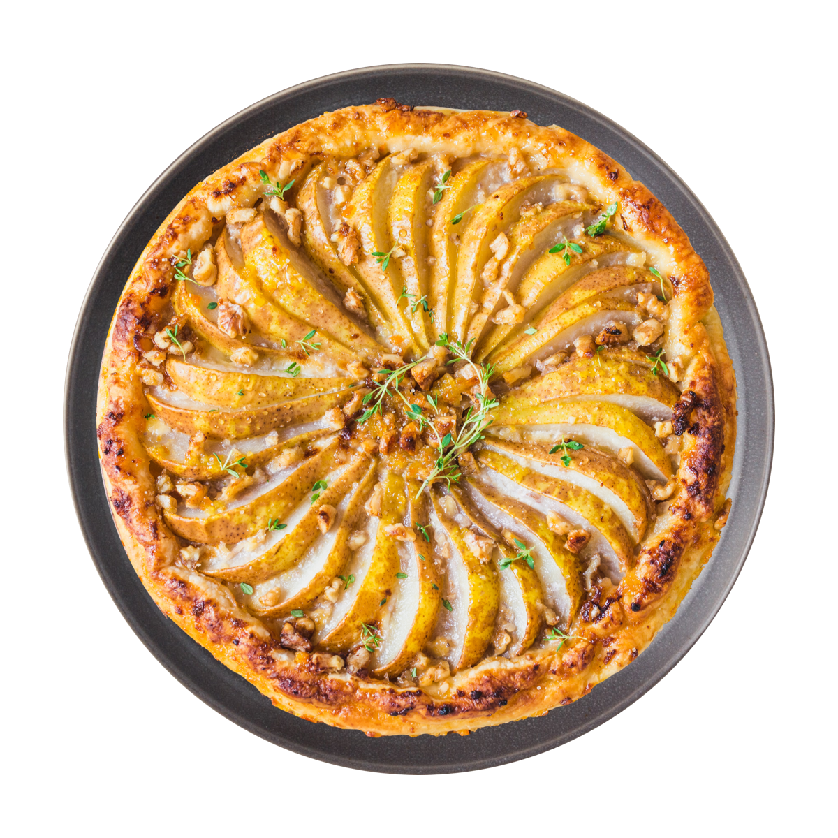 Pear and walnut tart on a dark gray plate.