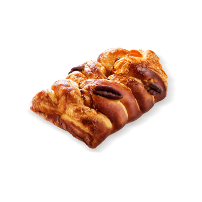 Braided pastry with coffee bean decorations, brown, on a white background.