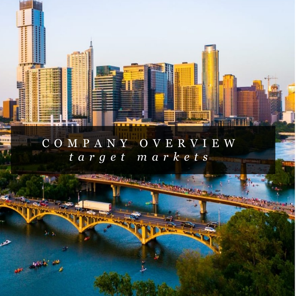 City skyline with bridges and water; text overlay: 