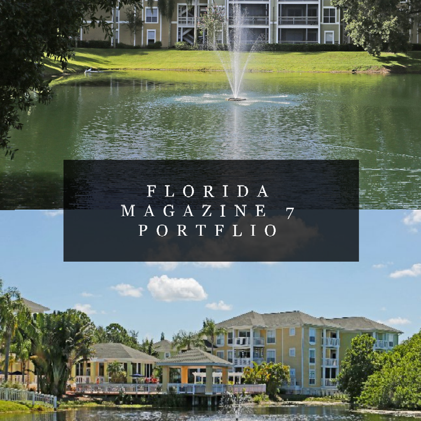 Lake and apartments with a fountain, from Florida Magazine Portfolio 7.