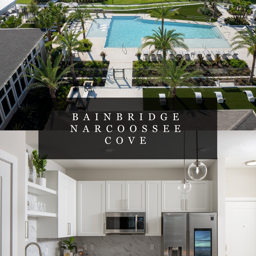 Aerial view of a pool and palm trees with apartment kitchen; the text reads Bainbridge Narcoossee Cove.