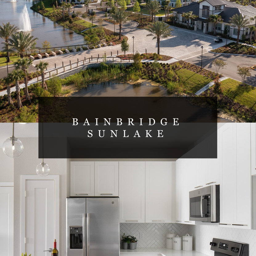 Bainbridge Sunlake apartment complex, featuring a lakeside view and modern kitchen interior with white cabinets.