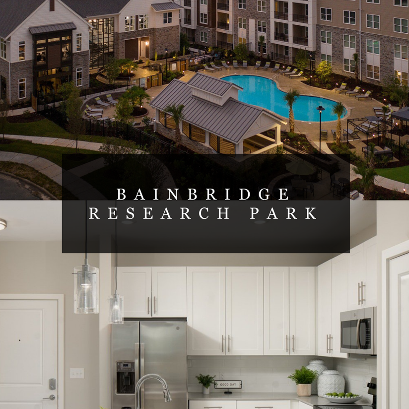 Apartment complex with a pool and modern kitchen. 
