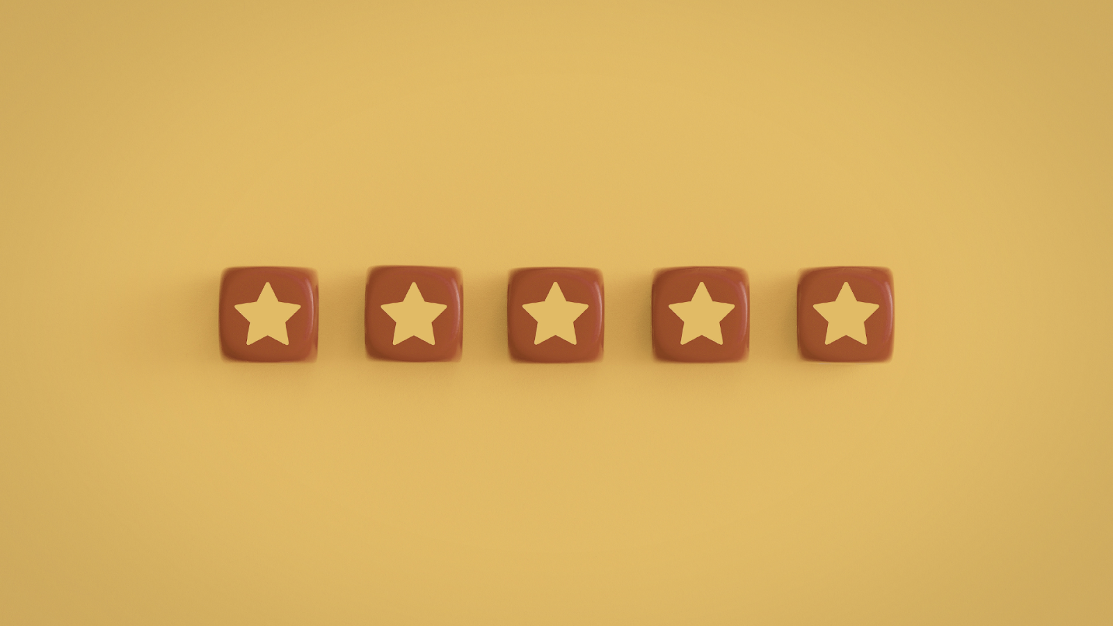 Five brown square icons, each featuring a centered, pale yellow star, arranged in a horizontal row on a yellow background.