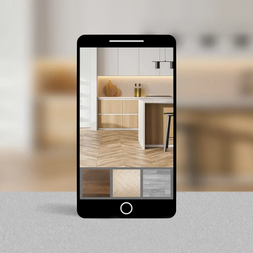 A cell phone is displaying a picture of a kitchen.