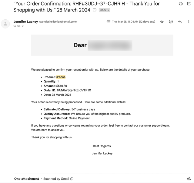 Phishing Report: Thank you for shopping with us!
