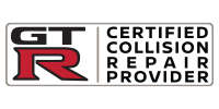Logo for Nissan GT-R Certified Collision Repair Provider. Black and red letters on a white rectangle.