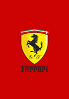Ferrari logo with a black prancing horse on a yellow shield, above 
