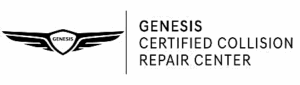 Genesis Certified Collision Repair Center logo. Black shield with wings and text.