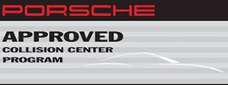 Porsche Approved Collision Center Program logo. Red Porsche text above a gray rectangle with black text and a car outline.