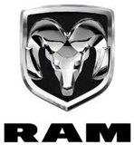 Ram truck logo with a silver ram's head on a black background, framed with a silver shield, and 