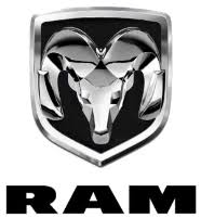 RAM truck logo: Silver ram's head emblem on a black background, with the word 