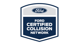 Ford Certified Collision Network badge. Blue and white shield logo with Ford emblem.