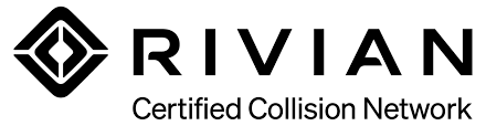 Logo for Rivian Certified Collision Network: Black diamond logo with 
