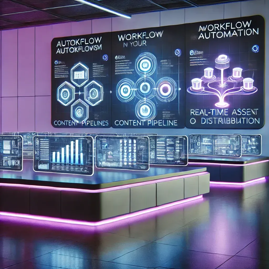 Modern and futuristic office with computers showing Workflow Optimization tasks.