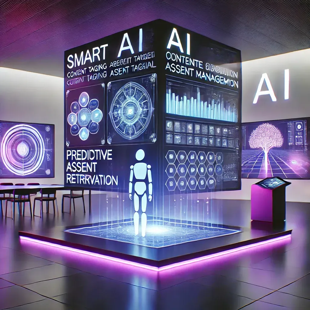 A robot standing in a futuristic office building.