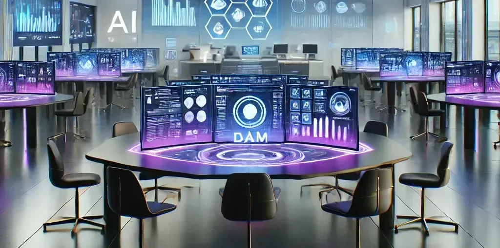 A futuristic office with a computer on a desk that says DAM on the screen, representing a DAM tool.