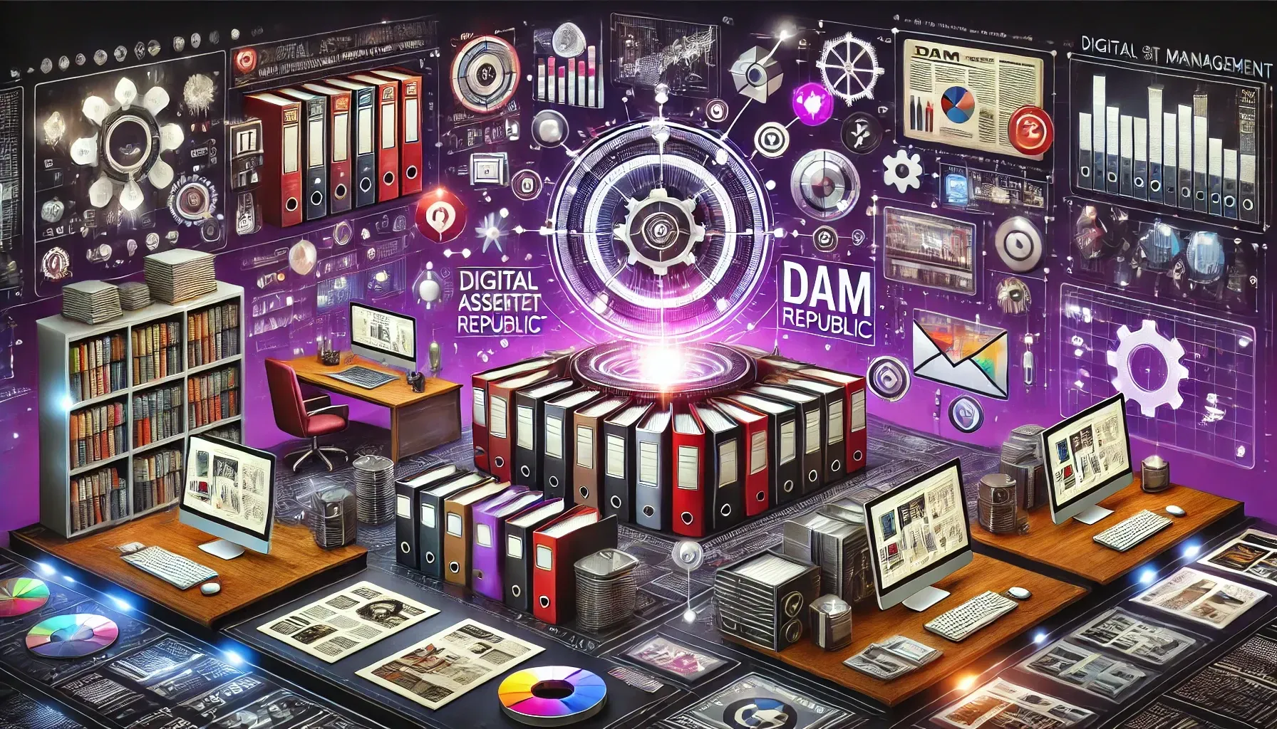 Publishing company using a Digital Asset Management (DAM) system with a digital dashboard and books.