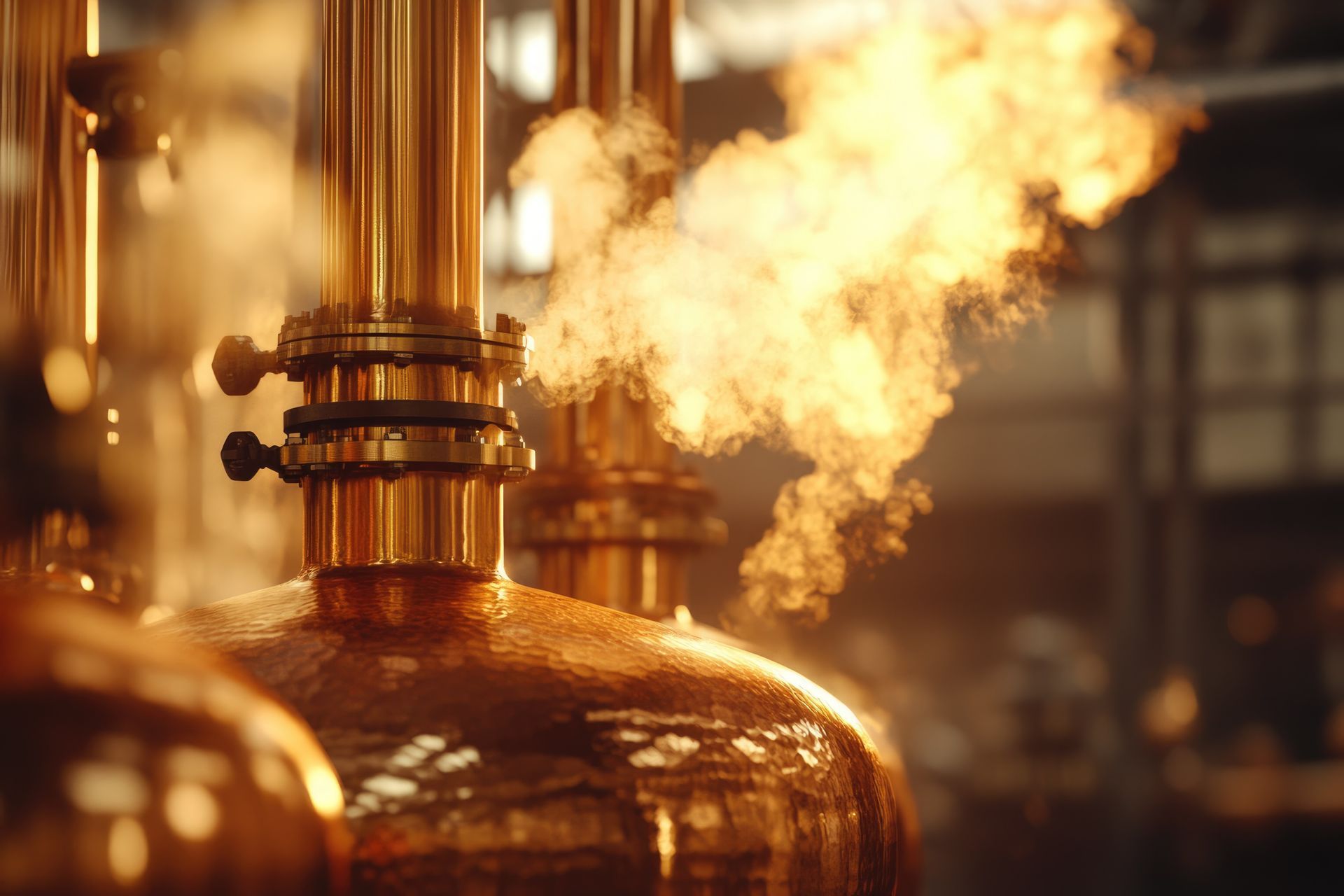 A close up of a distillery with smoke coming out of the pipes.