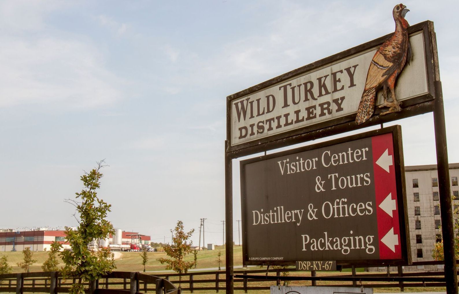 A sign for the Wild Turkey Distillery in Lawrenceburg, KY