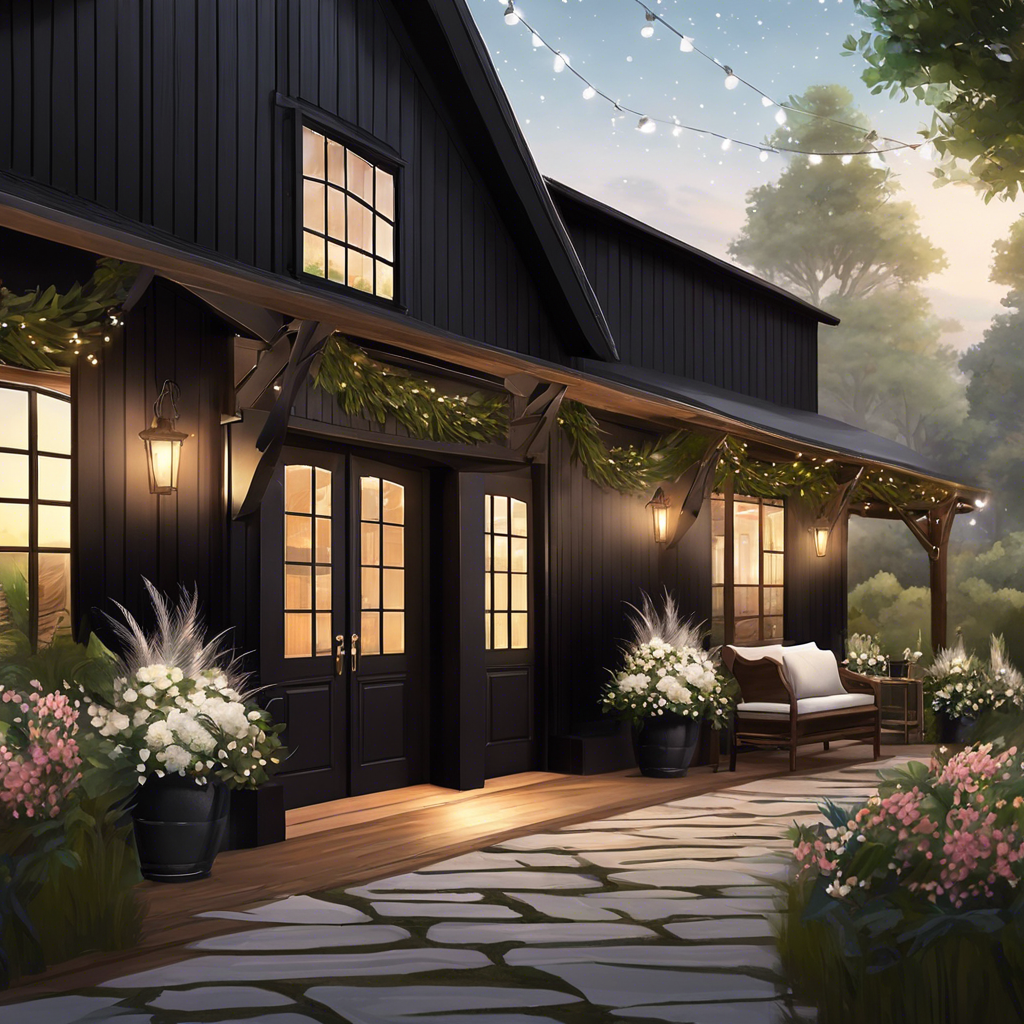 A black house with a porch and flowers in front of it