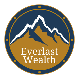 A logo for everlast wealth with a mountain in the middle