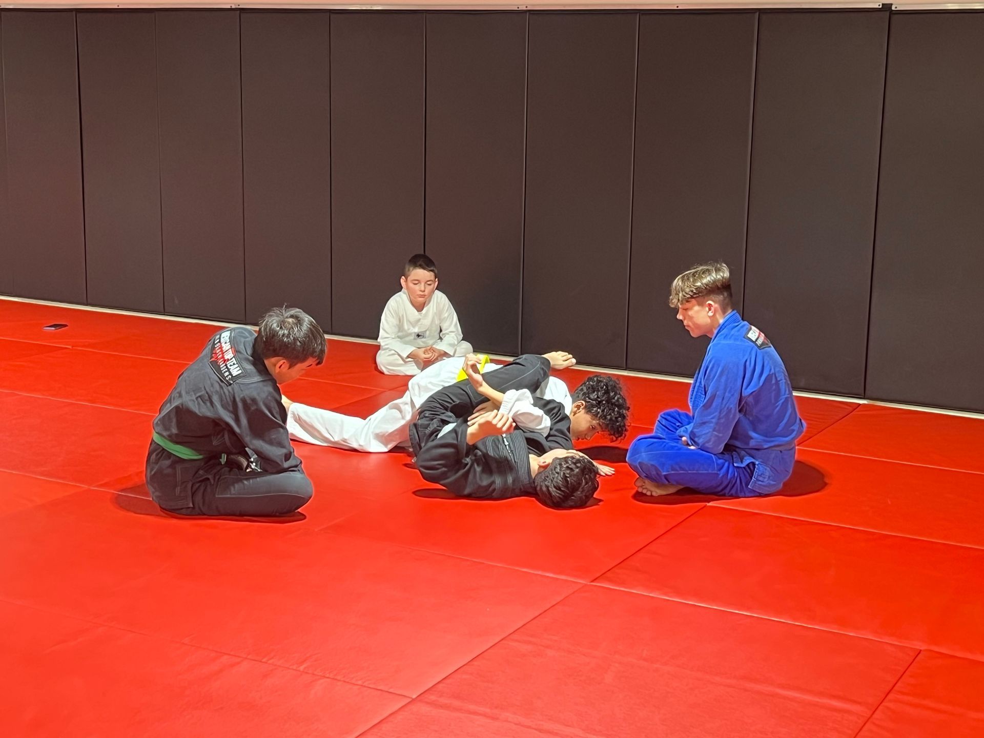 Jiu-jitsu class: students in gis on a red mat, practicing techniques. Some sit watching; one is being pinned.