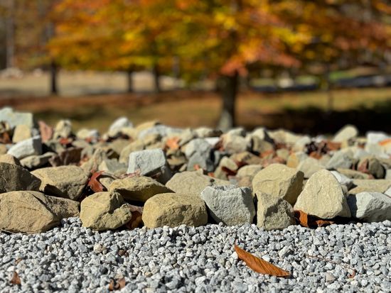 a pile of rocks and gravel with a tree in the background .