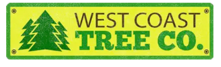 A yellow and green sign that says west coast tree co.