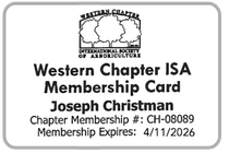 Membership card for Joseph Christman from the Western Chapter ISA, expiring April 11, 2026.