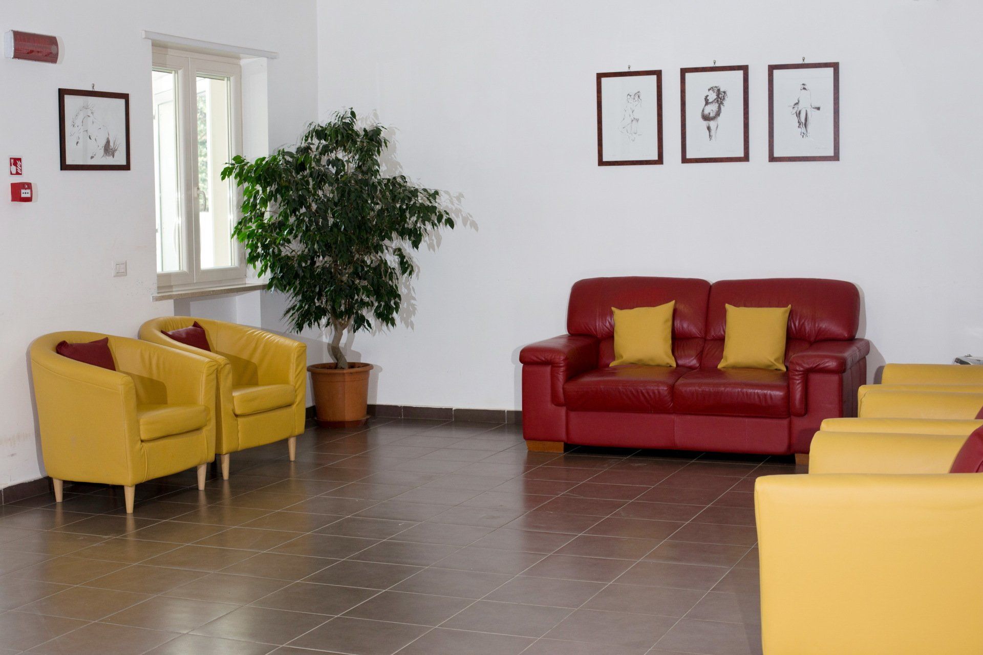 divano con poltrone nella sala per la lettura nella casa di riposo 