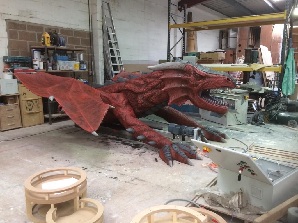 3D printed dragon prop in warehouse setting