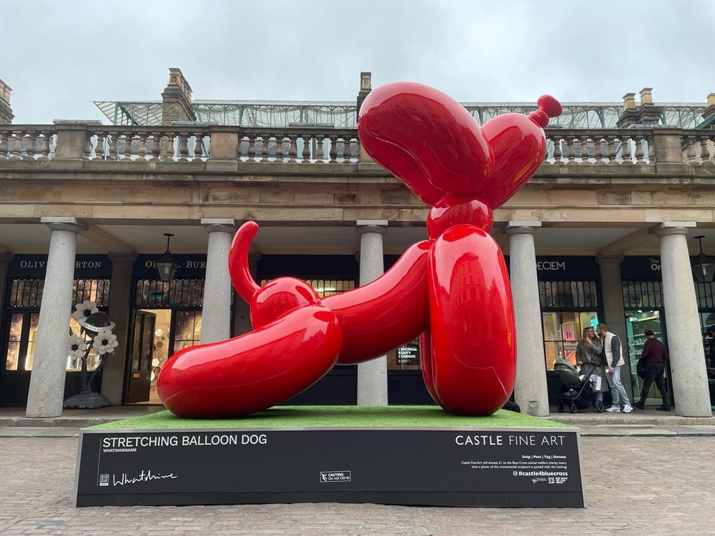 3D printed balloon dog prop in vibrant colours