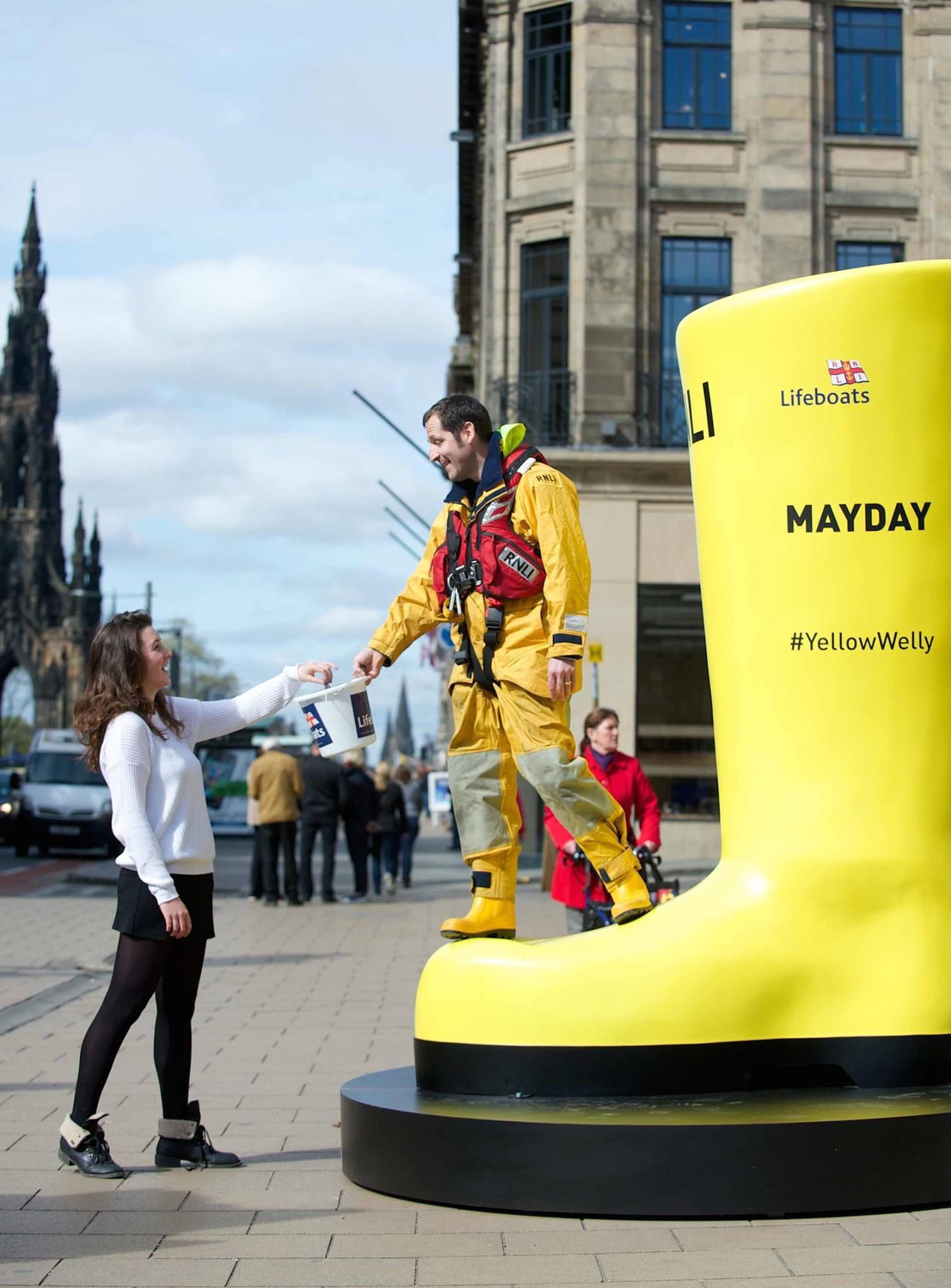 Outdoor 3D printed RNLI yellow welly prop