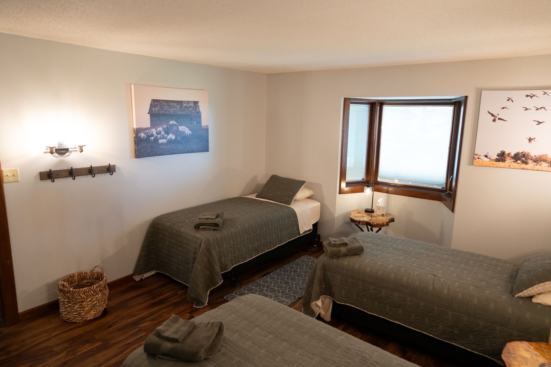 A bedroom with two twin beds and a window.