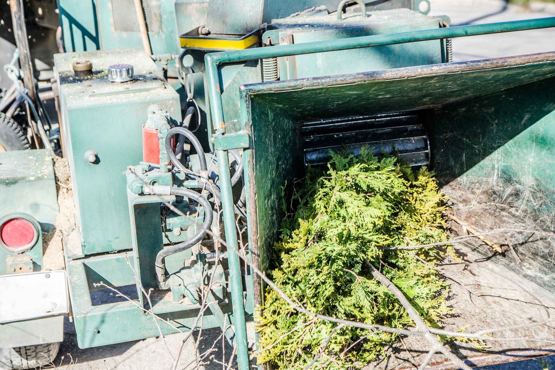 A machine is cutting branches into a pile of wood.