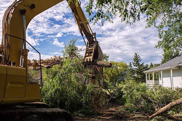 A bulldozer is cutting down trees in front of a house.