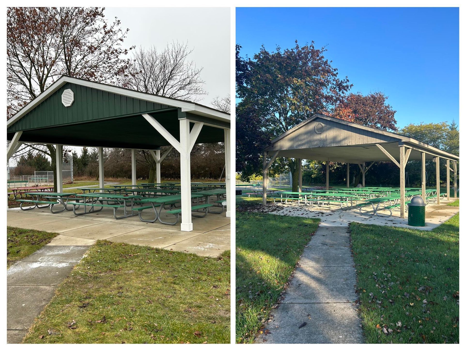 A before and after photo of a picnic shelter