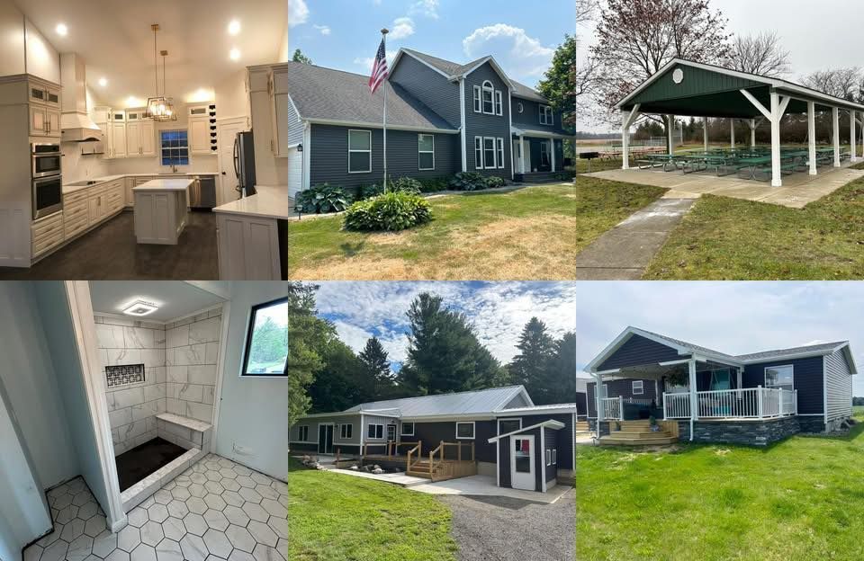 A collage of four pictures of houses and a pavilion.