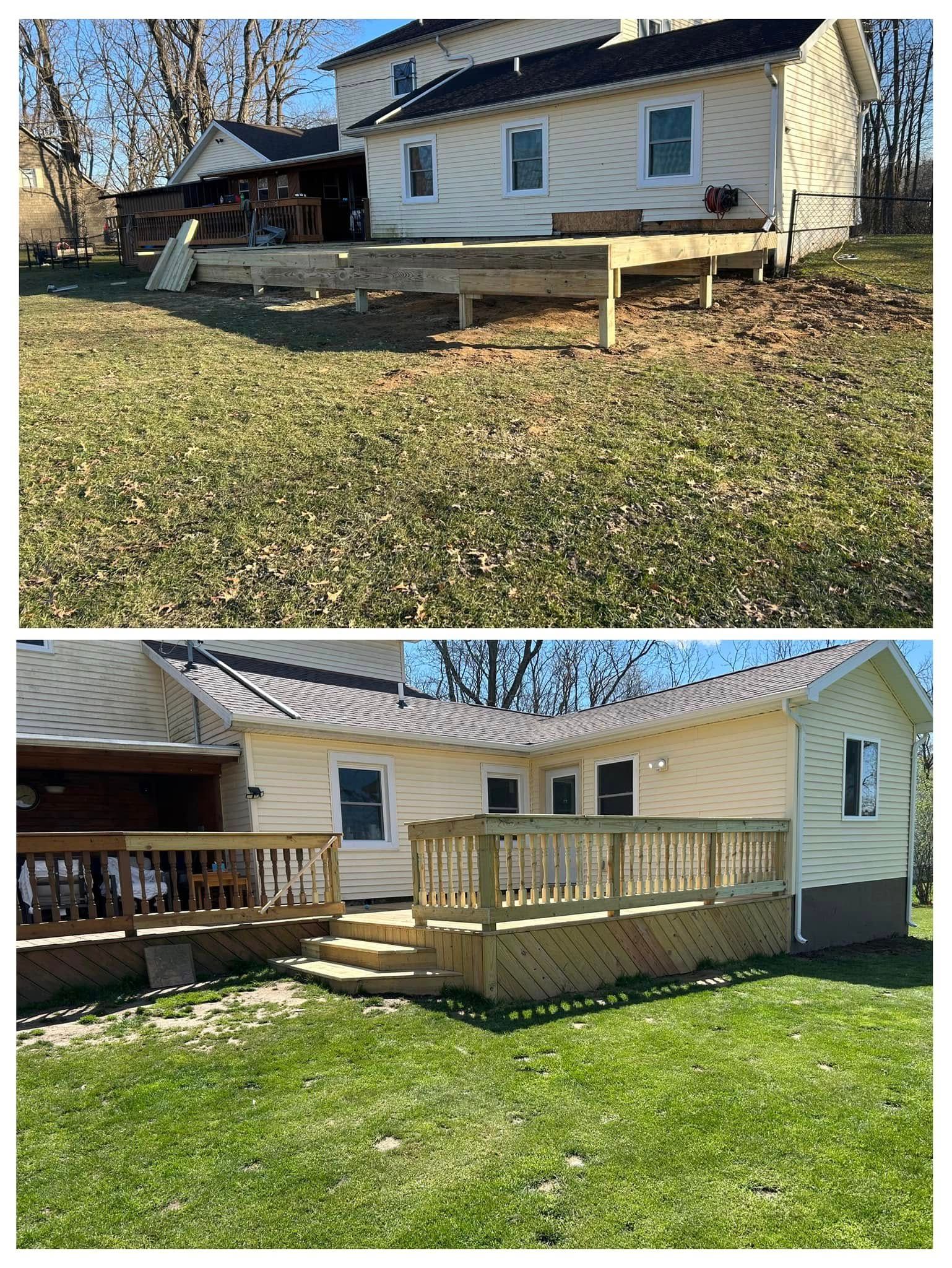 A before and after picture of a house with a wooden deck.