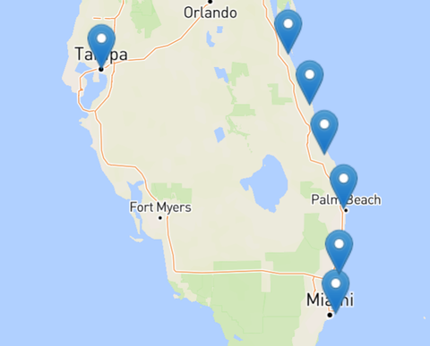 Map of Florida with blue location markers pinpointing several coastal cities, including Tampa, Miami, and Orlando.