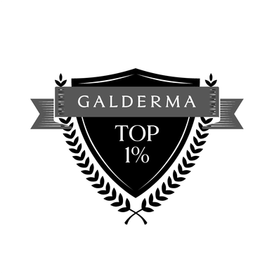 A black and white logo for galderma with a shield and laurel wreath.
