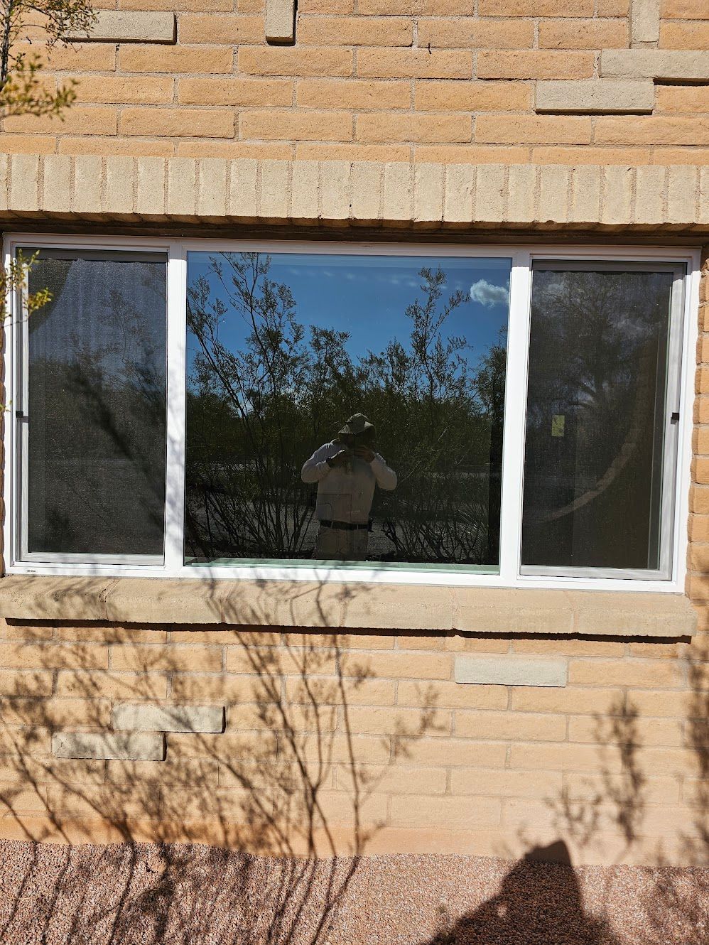 Window reflecting a person taking a photo outside with a blue sky, surrounded by foliage, brick building.